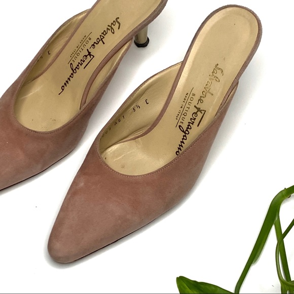 Salvatore Ferragamo Shoes - Vintage Ferragamo Pink Suede Kitten Heel Mules